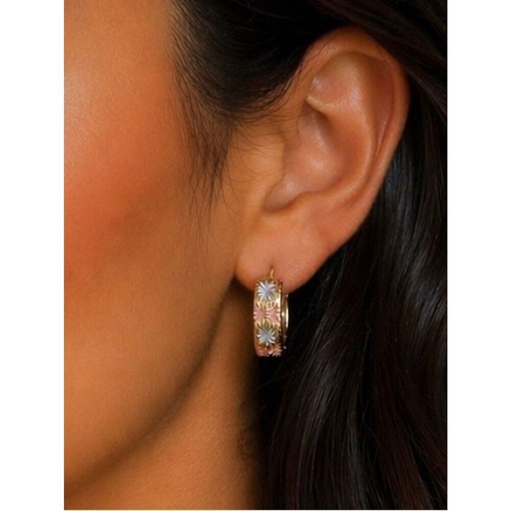 Gold Multi-Color Floral Huggie Hoop Earrings R 541